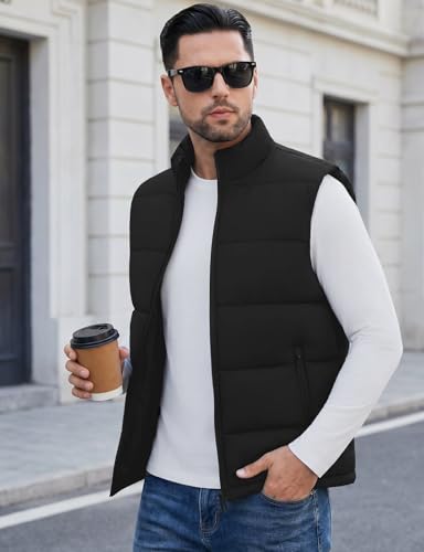 Image of WHN Men's Casual Puffer Vest Lightweight Full Zip Up Work Sleeveless Jacket Stand Collar Outerwear with 3 Pockets