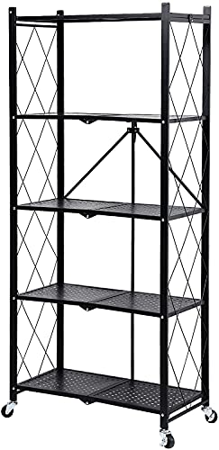 Magicfox Foldable Storage Shelf Unit On Wheels Large Capacity (No Assembly) Heavy Duty Steel 5-Shelving Organizer Rack For Kitchen, Garage And Laundry Bathroom Tool Organization #TOP8