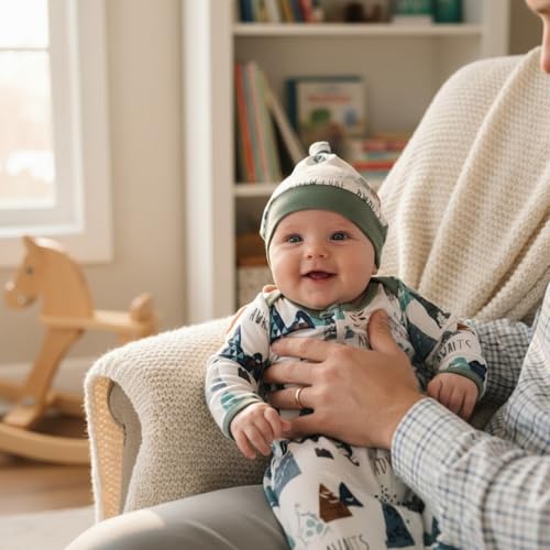 Image of AMAWMW Newborn Baby Boys Girls Cartoon Sleeper Gown Long Sleeve Mountain Nightgown Hat Outfits