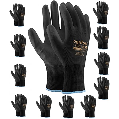 PU Coated Black Nylon Work Gloves. Gardening, Builders, Mechanic (XL (10)), 12 Pairs