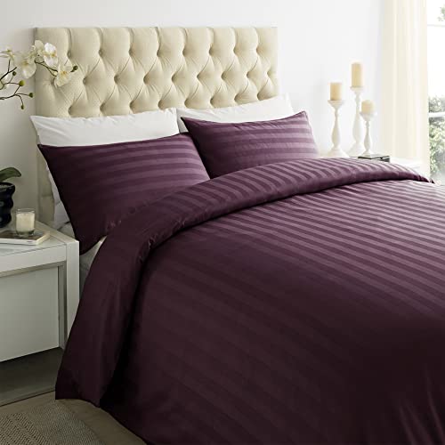 ED Luxury 250 Thread Count 100% Cotton Sateen Stripe Duvet Bed Cover with Housewife Pillowcases | 250 TC Hotel Striped Bedding (Super King/Plum)