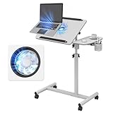 Warmiehomy Height Adjustable Computer Desk on Wheels, Rolling Laptop Desk with Cooling Fan, Overbed Table with Mouse Tray, Laptop Table with Pen Holder, Bedside Table for Home Office, White