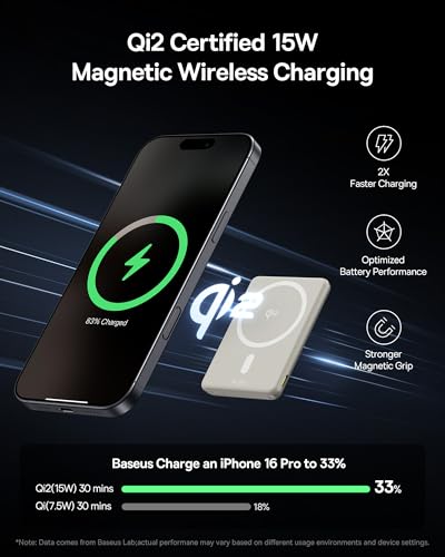 Image of Baseus Picogo Power Bank, Smallest Qi2 Certified 15W MagSafe Portable Charger, 0.5 inch Ultra Slim 5000mAh Magnetic Battery Pack with Stand, Alloy Wireless Charger for iPhone 17 Pro Max /17 Air /16 Series