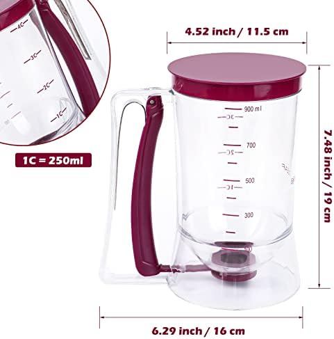 Webake Pancake Batter Dispenser 900ML Manual Cupcakes Separator with Measuring Label for Cupcakes Waffles Muffin Mix Crepes Cake