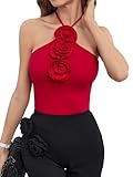 GORGLITTER Women's Floral 3D Flower Cami Halter Top Sexy Backless Sleeveless Camisole Red Large