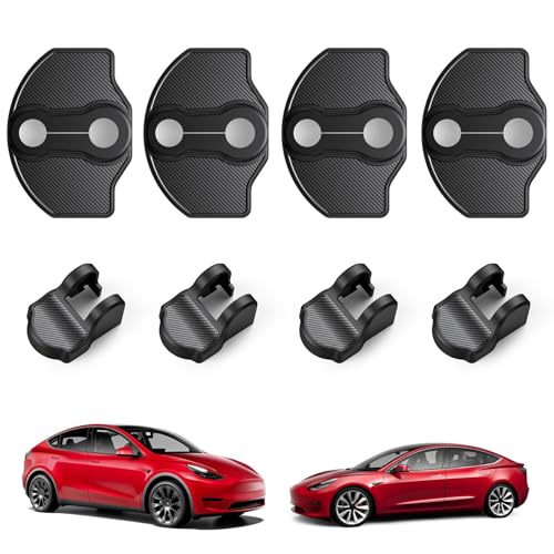 BASENOR 2017-2026 Tesla Model Y Juniper Model 3 Highland Door Lock Cover Protector Anti-Rust [Carbon Edition] [No Tape Requried], Door Striker Latches Stopper Covers for Model Y (8PCS)/Model 3 (6PCS)
