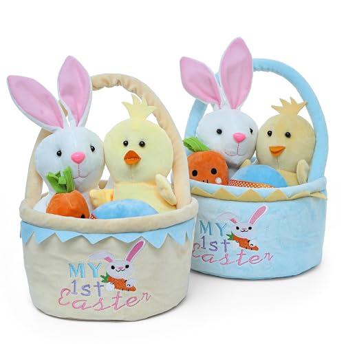 Image of My First Easter Basket Stuffed Plush Playset Baby's First Easter Basket Stuffed Cartoon Bunny Easter Egg Plush Basket for Kids 5pcs (Blue)