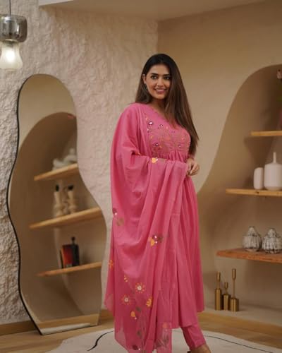 Image of KANCHAN TRADERS Women's Cotton Round Neck 3 /4 Sleeve Chikankari Embroidered Printed Kurta Palazzo with Dupatta Set