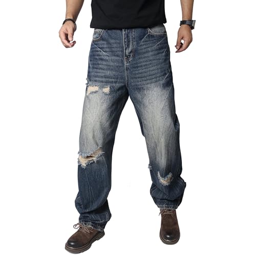 Men's Wide Leg Baggy Jeans Ripped Loose Denim Pants3