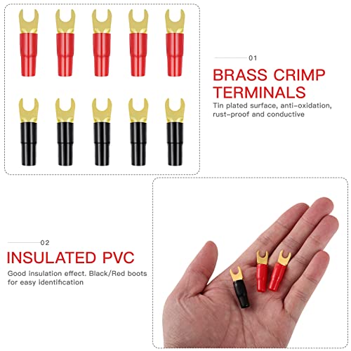 5 Pairs Copper Gold Plated 8 Gauge Strip Spade Terminal Spade Fork Adapters Connectors Plugs Crimp Barrier Spades For Speaker Wire Cable Terminal Plug - 8Ga (Red And Black) #TOP3