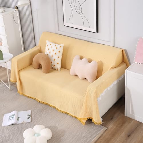 Image of HOKIPO Polycotton Thick and Soft Sofa Cover Throw Couch Protector 2 Seater, 180 (D) x 230 (L) cm (NEW-AR-4639-N5), Yellow