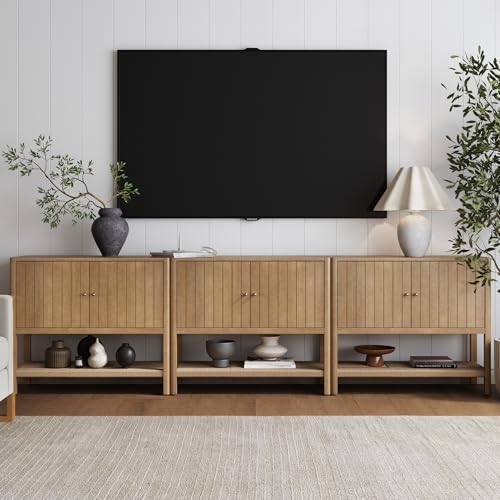 Nathan James Meads Mid Century Modern Cabinet or TV Stand with Doors, Solid Wood Kitchen Cabinet with Adjustable Interior Shelf and Seagrass Bottom Storage, Light Brown Set of 3