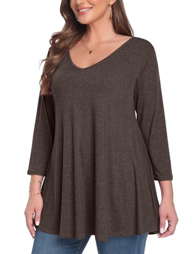 MONNURO Plus Size Tunic Tops for Women 3/4 Sleeve Fall Shirt Basic Casual V Neck Solid Color Blouses Loose Fit for Leggings