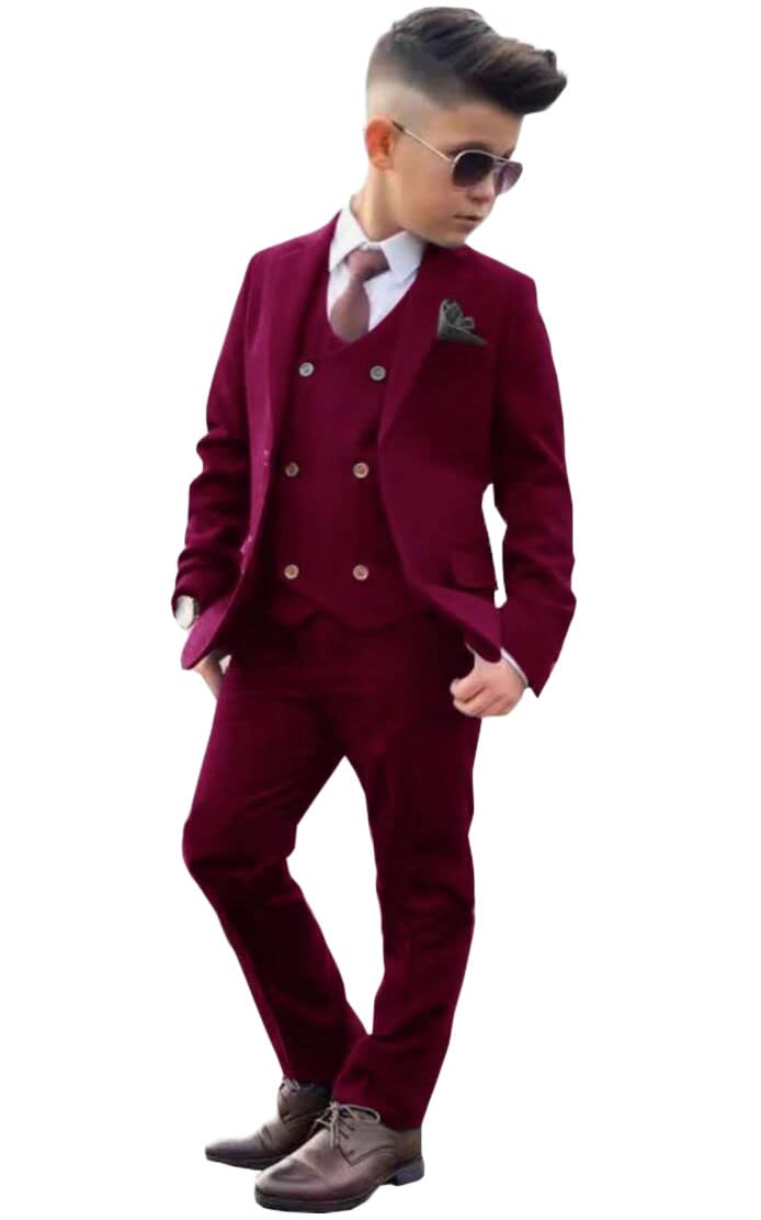 Formal Boy's Suit 3 PC Peak Lapel Flower Boys Tuxedos Blazer Vest Pants for Kids Dresswear Suit Burgundy 10T