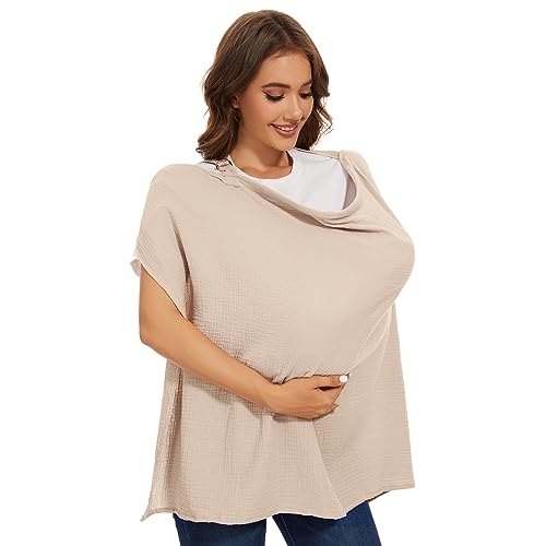 Image of Muslin Nursing Cover for Baby Breastfeeding, Breathable 100% Cotton Breastfeeding Cover with Arch Neckline for Mom, Nursing Apron, Carseat Cover