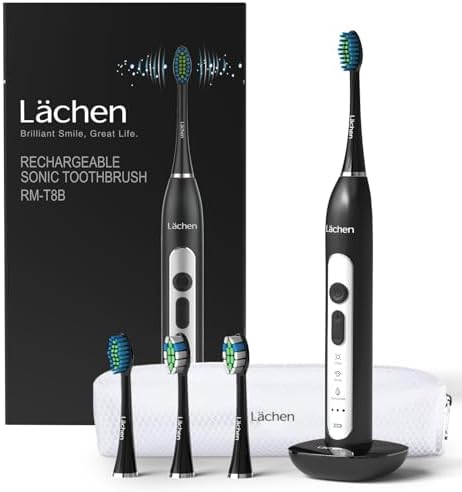 Lächen Sonic elektrische Zahnbürste Schallzahnbürste - RM-T8B, mit 4 Aufsteckbürsten und Timer, 3 Modi & 3 Vibrationsstärken mit Reisetasche (Schwarz)