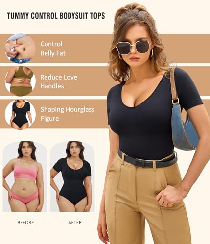 Irisnaya Seamless Bodysuit for Women Tummy Control Shapewear Round Neck Body Shaper Short Sleeve Jumpsuit Top Going Out Shirt4