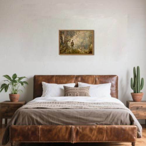 Image of Vintage Hunting Wall Art Cottagecore Country Wall Decor Picture Moody Forest Landscape Poster Painting Canvas Prints for Bedroom Living Room Farmhouse 16x24 inch Wood Framed