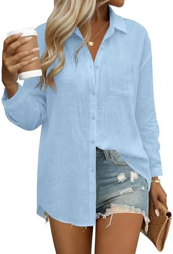 HOTOUCH Womens Button Down Shirts Linen Cotton Long Sleeve Blouse...