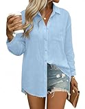 HOTOUCH Womens Button Up Linen Shirts Long Sleeve Casual Blouses Oversized V Neck Solid Cotton Gauze Tops Light Blue XL