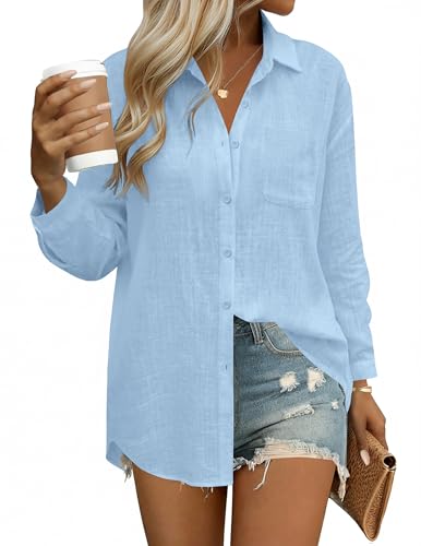 HOTOUCH Womens Button Up Linen Shirts Long Sleeve Casual Blouses Oversized V Neck Solid Cotton Gauze Tops Light Blue XL