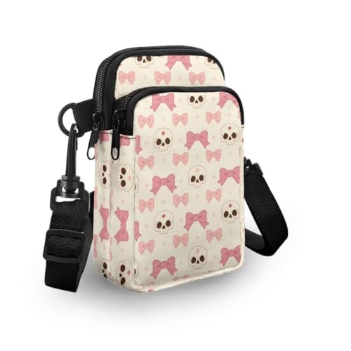 FUIALDOLG Portable Mini Crossbody Bag for Women Men Small Handbags Wristlet Wallet Bag Cell-phone Pouch Coin Purse with Adjustable Strap Cute Bow Skull