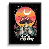 WOXZQ LGBTQ Fantasy Art Print – Gay the Pray Away Mushroom Moon Illustration – Gay Art Laminated Paper Wall Decor with Frame – Whimsical Frog Artwork for Bedroom, Living Room, or Office – 12x15 Inch