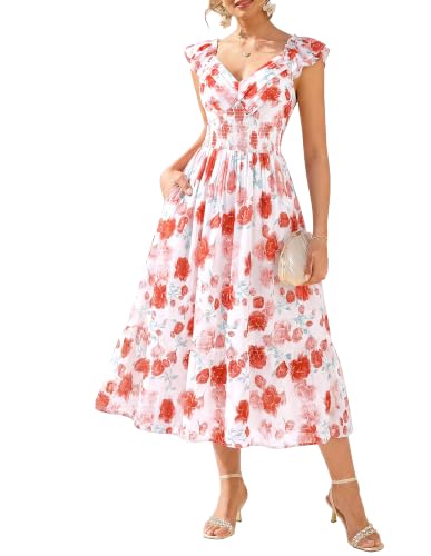 GRACE KARIN 2026 Women's Floral Wedding Guest Maxi Dress Flowy Formal Long Dresses Ruffle Sleeve Smocked Sundress White Red M