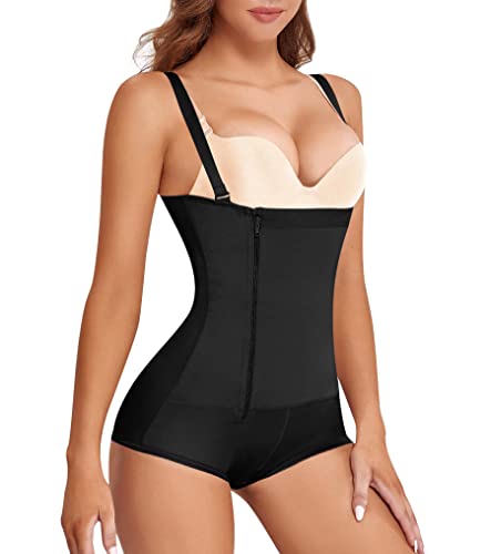 Nebility Women Waist Trainer Bodysuit Slim Full Body Zipper Shapewear Latex Open Bust Corset (M, Black)