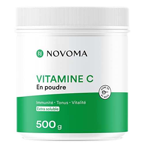 NOVOMA Vitamine C Poudre Pure 500g, 1000mg par dose, Acide L-Ascorbique en Poudre Ultra Fine, Puissant Antioxydant, Système Immunitaire & Fatigue, Cuillère Doseuse Incluse (ex Nutrivita)