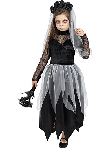 Funidelia | Disfraz de novia fantasma para niña Zombie, Novia Cadáver, Terror – Disfraz para niños y divertidos accesorios para Fiestas, Carnaval y Halloween – Talla 7-9 años – Negro