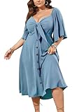 SCOMCHIC Plus Size Summer Dress Casual Short Sleeve Bow Tie Deep V Neck Smocked Button Down Midi Flowy A-line Boho Dresses Blue