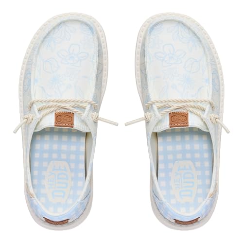 Image of HEYDUDE Girl's Youth Wendy Garden Floral Slip On Shoe | Skyway Blue /Multi | Lightweight Loafer with Elastic Laces