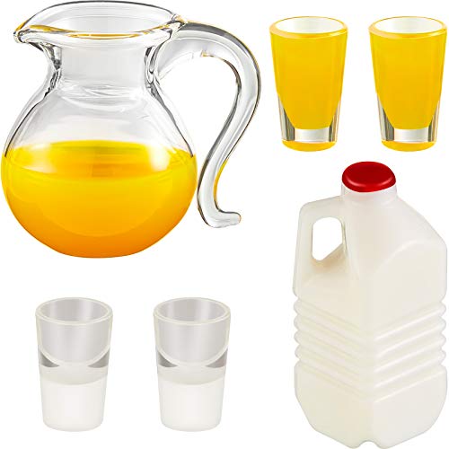 Skylety 6 Piece 1:12/ 1:6 Miniature Dollhouse Accessories Miniature Juice Kettle Miniature Juice Cup Set Miniature Milk Bottles and Milk Jug Miniature Models Kitchen Food Pretend Play Toy