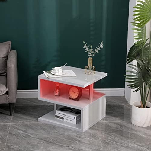 ALPHA Modern High Gloss Lamp Tables Side Tables End Tables Small Coffee Table with LED Lights S-Shaped Style for Living Room Furniture White or Grey (Grey)
