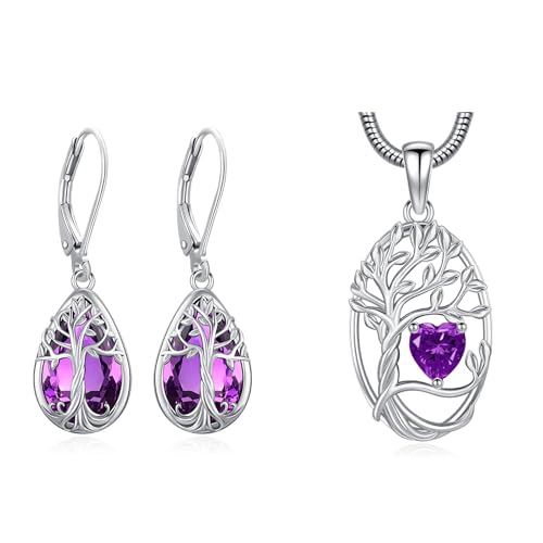 Parure Bijoux Arbre de Vie Améthyste d'Exception en Argent Fin pour Femme