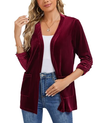 LADI TREND Ruched 3/4 Sleeve Women Velvet Cardigans Collarless Pockets