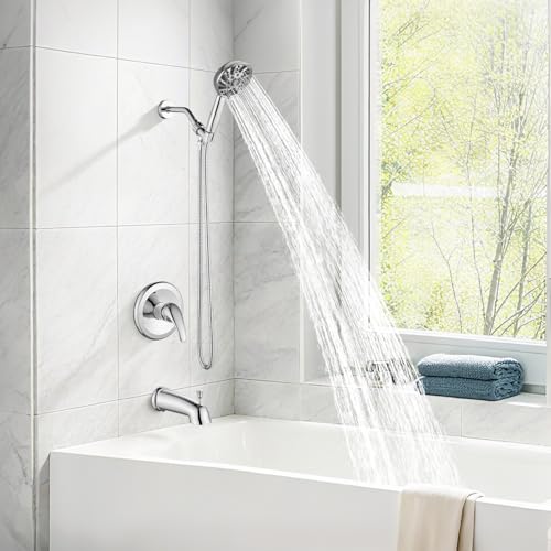 Image of gotonovo Bathroom Shower Head Kit High Pressure Combo System Shower Faucet 6 Modes ABS Handheld Spray Shower Trim Kit Valve Included Shower Head and Handle Set Polished Chrome