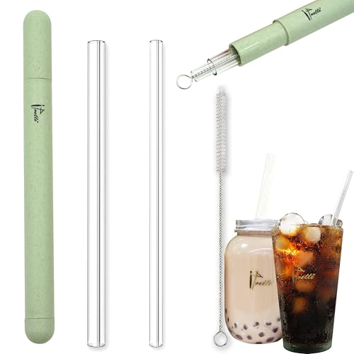Ipretti Reusable Glass Drinking Boba Straws Set with Portable Travel Case,Cleaning Brush,7mmx8.27” and 12mmx8.27”,Perfect for Smoothies,Milkshakes,Juice,Coffee,Bubble Tea,Sparking Water
