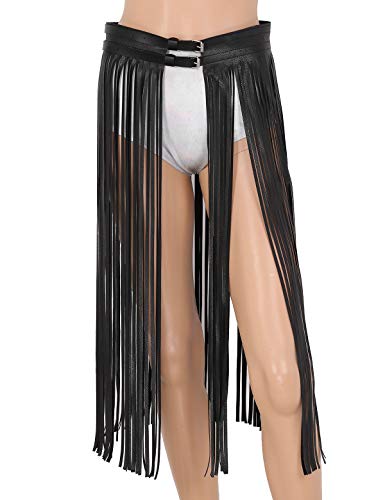 YiZYiF Women Long Fringe Tassel Skirt Belt Punk Cool Faux Leather Double Buckles Waistband for Dance Party Costume3