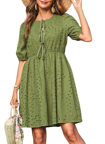 Dokotoo Green Dresses for Women Eyelet Dresses 2026 Tie Front V Neck Cotton Midi Dress Short Sleeve A Line Hollow Out Embroidered Dress Fashion Elegant Tie Tie Front Dresses Medium