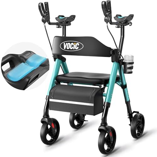 VOCIC Standard Z22 Rollator faltbar leicht mit Sitz,GelSoft-Unterarmstützen | Arthritis-Walker mit verstellbaren Armlehnen & Becherhalter,Rollatoren für Senioren, Ergo-Sitz & Rücke