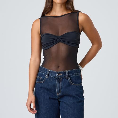 Giraropa Sheer Mesh Top for Women Summer Sleeveless Crew Neck Slim Fit Tank Tops Sexy See Through Blouse Shirt3