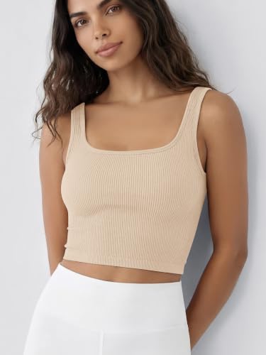 Image of ODODOS 3-Pack Seamless Square Neck Crop Tank for Women Ribbed Knit Soft Low Back Cropped Tops