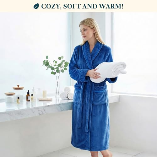 Image of PAVILIA Women's Plush Fleece Robe, Soft Cozy Long Bathrobe with Satin Waffle Trim, Warm Lightweight, Pockets & Tie Belt