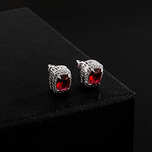 Topgrillz Halo Square Rhinestone Stud Earrings Rectangle Cut Cubic Zirconia 14K Gold Plated Big Hypoallergenic Stud Pierced Cartilage Earrings Jewelry For Men Women-Silver Red #TOP3