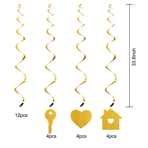 Luxiocio Housewarming Party Hanging Swirls Decorations, 12pcs New Home Party Hanging Swirl Supplies, Glitter Gold House Warming Party Sign Decor
