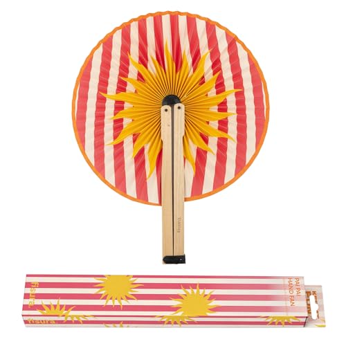 Fisura – Faltbarer Handfächer mit Sonnenmotiv. Papierfächer in Gelb, leicht und kompakt, Pai Pai Stil, ideales Gastgeschenk für Hochzeit, Party oder Feier, dekoratives Sommeraccessoire