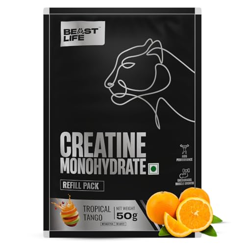 Image of BEASTLIFE Super Micronized Creatine Monohydrate Powder 50g Refill Pack | 13 Servings Tropical Tango Flavor | NABL Lab Tested | Premium Sports Nutrition for Strength & Performance