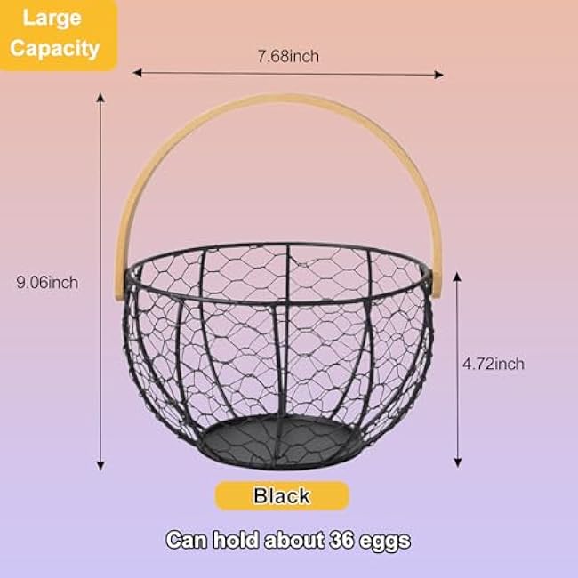Stainless Steel Egg Basket with Rooster Lid - Non-Slip Base Oval Ventilated Wire Basket for Countertop, Multi-Purpose Fruit Vegetable Storage-Farmhouse Decor (Bamboo Handle)